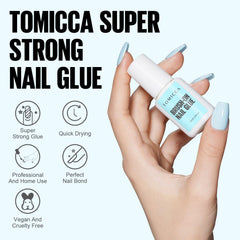 TOMICCA applied to press-on nails in use for reliable, long-lasting hold