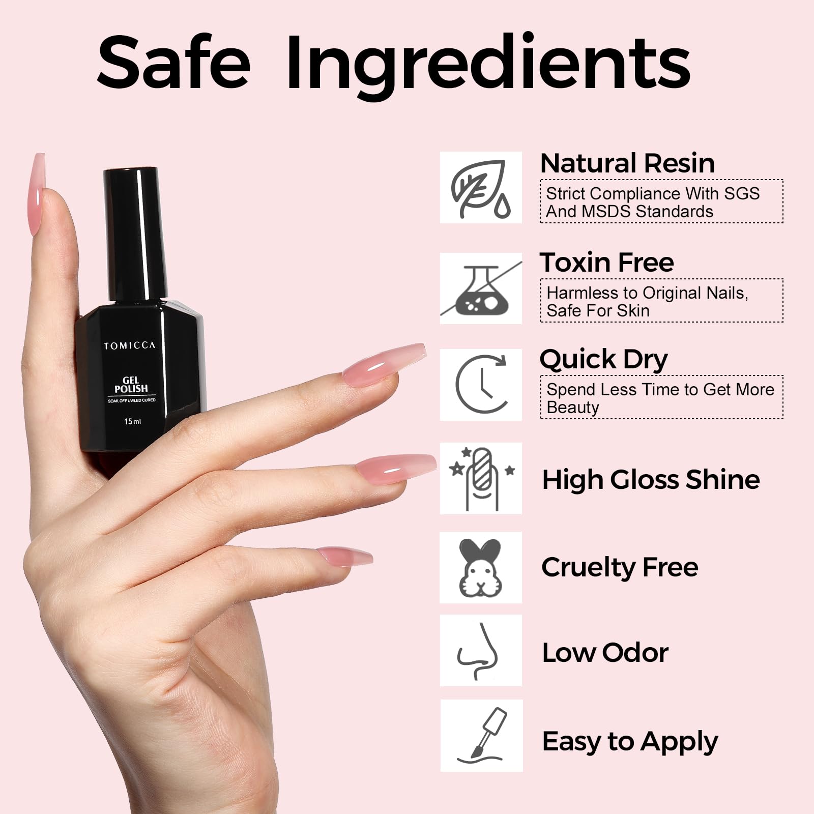 TOMICCA on manicured hands showing long-lasting glossy result