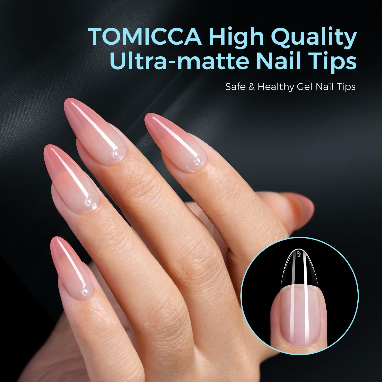 TOMICCA tips placed next to a hand for scale comparison to choose correct length easily