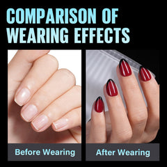 TOMICCA scale on hand model illustrating extra short almond length and natural look