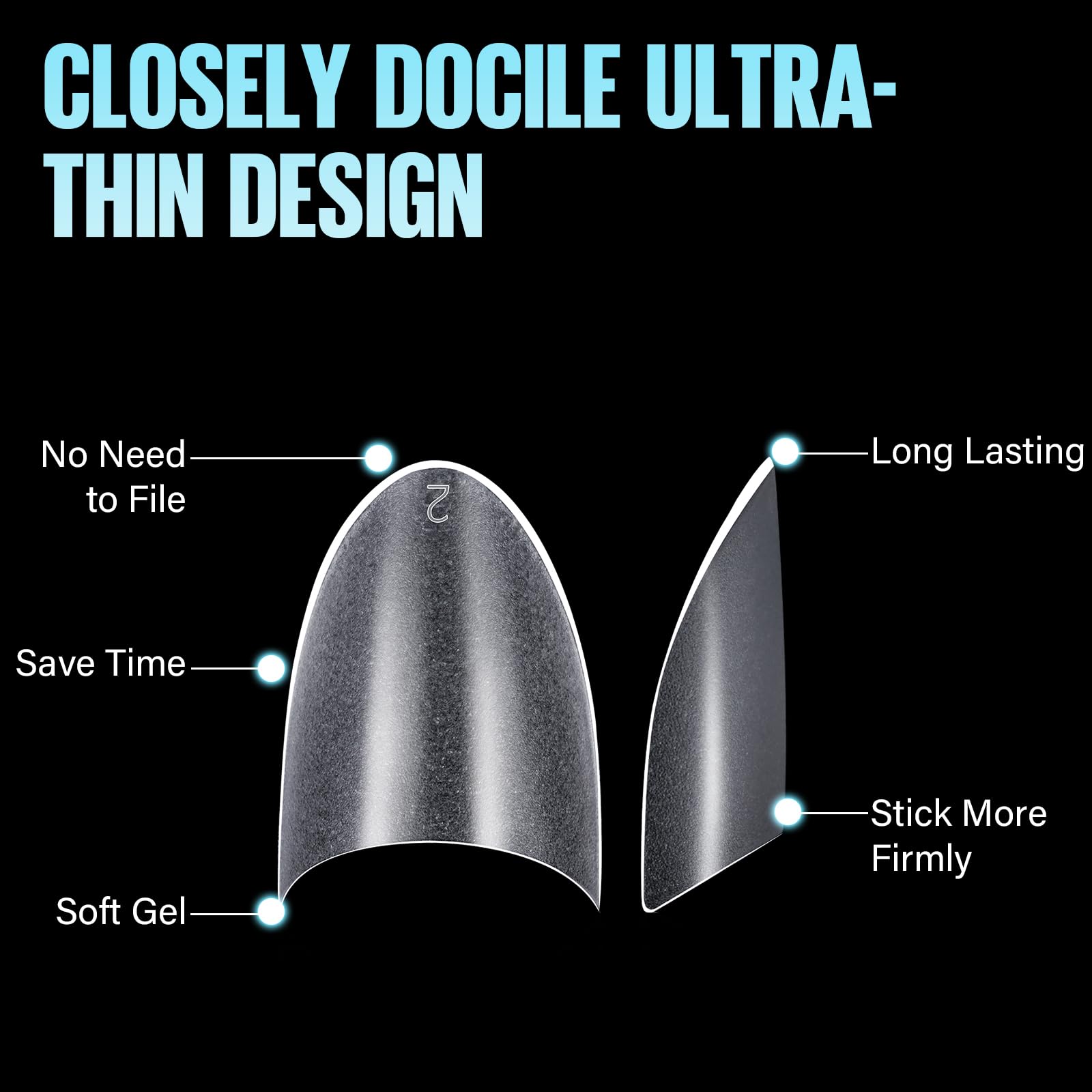 TOMICCA side profile of short almond tip, natural low-profile fit benefit