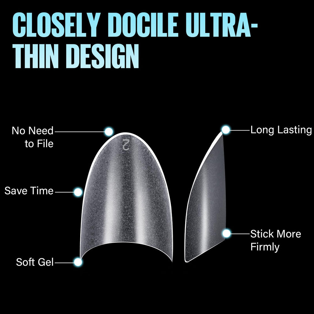 TOMICCA side profile of short almond tip, natural low-profile fit benefit