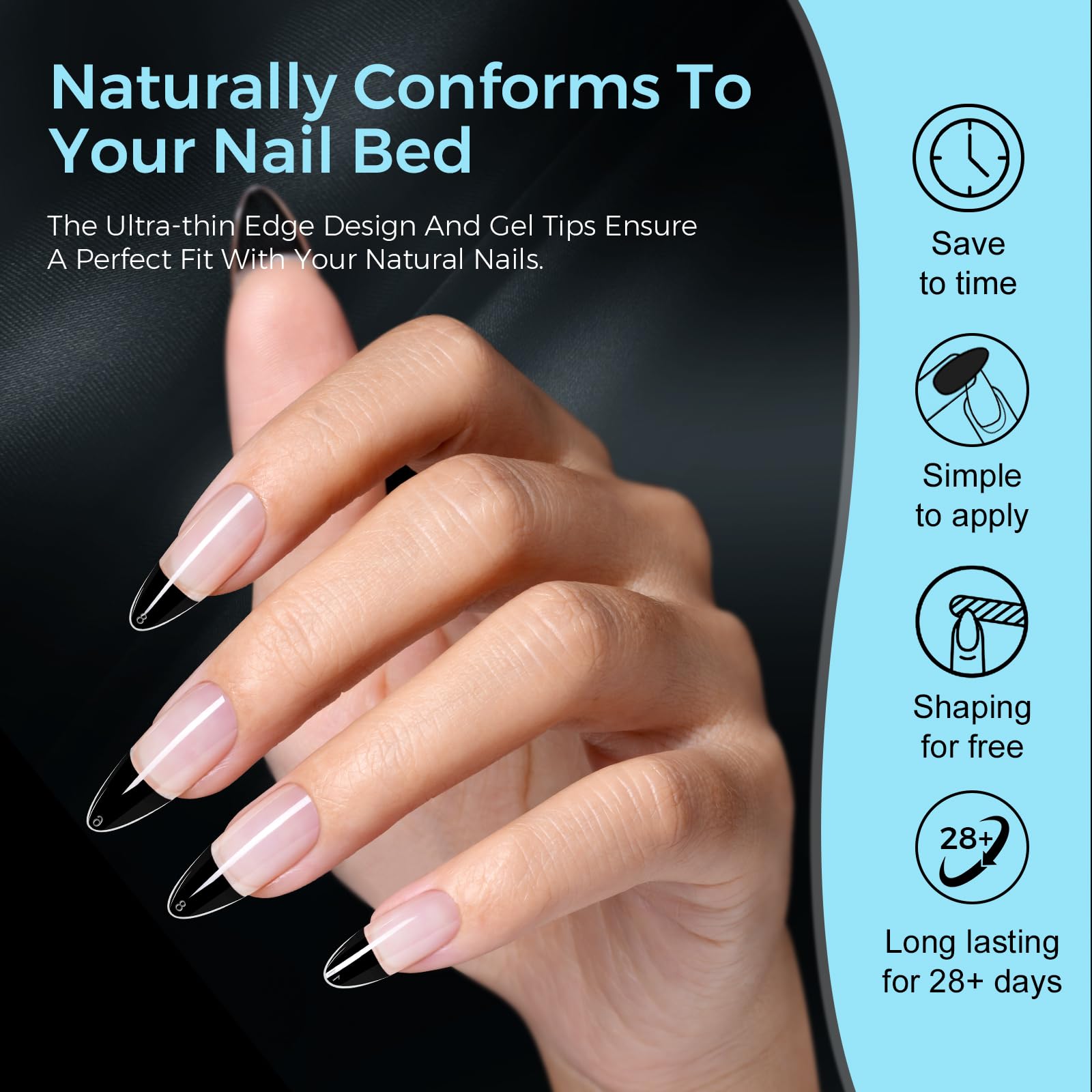 TOMICCA finished almond nails styled in classic French design demonstrating professional look