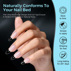 TOMICCA finished almond nails styled in classic French design demonstrating professional look