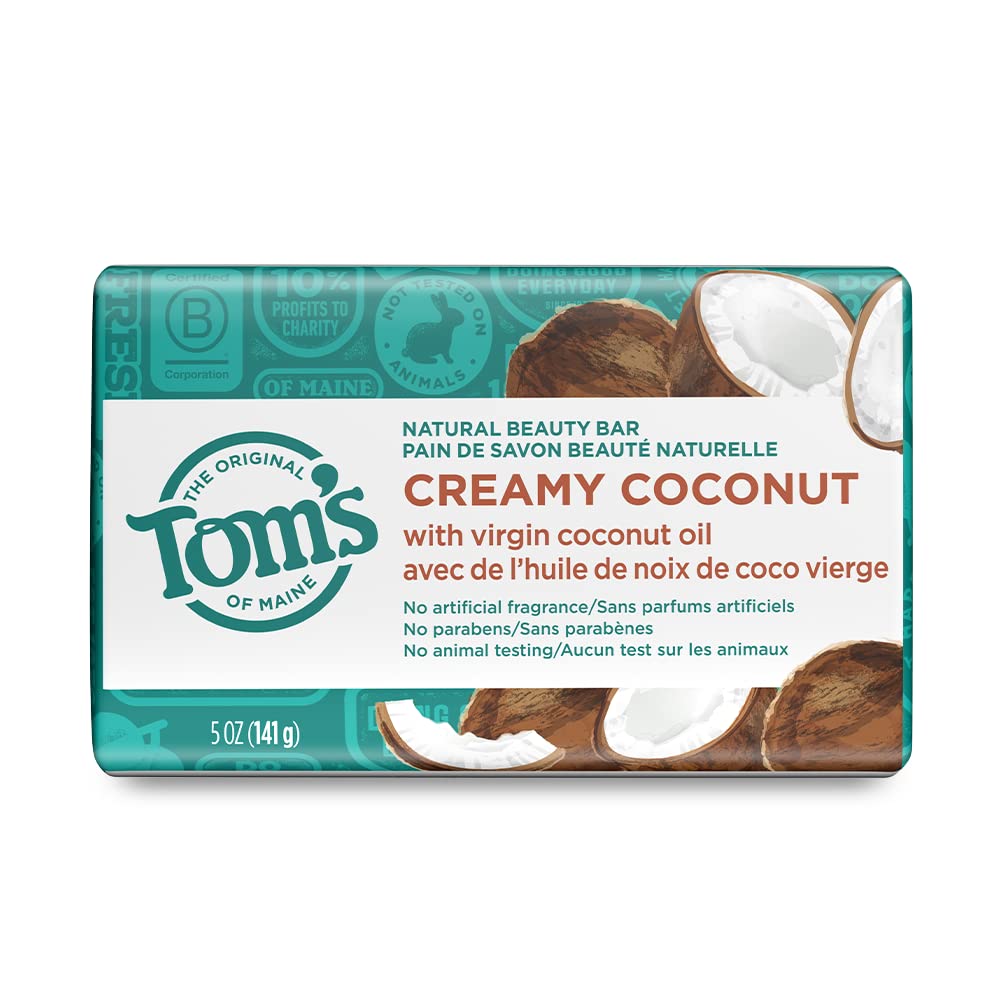 Tom's of Maine front packaging showing a 5 oz creamy coconut bar and clear benefits