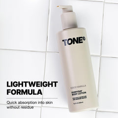 TONE Exclusive lotion texture close-up showing creamy hydration benefit