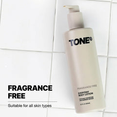 TONE bottle beside common items to show 12.2 oz size and convenient storage benefit