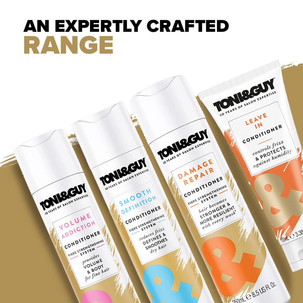 TONI&GUY next to common items to show the 8.5 oz travel-friendly size