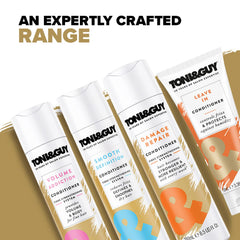 TONI&GUY next to common items to show the 8.5 oz travel-friendly size