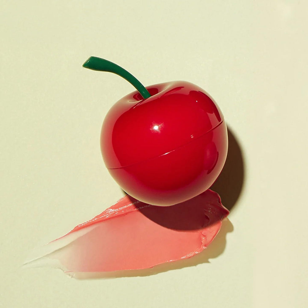 TONYMOLY cherry lip balm texture close-up showing glossy finish and smooth hydration