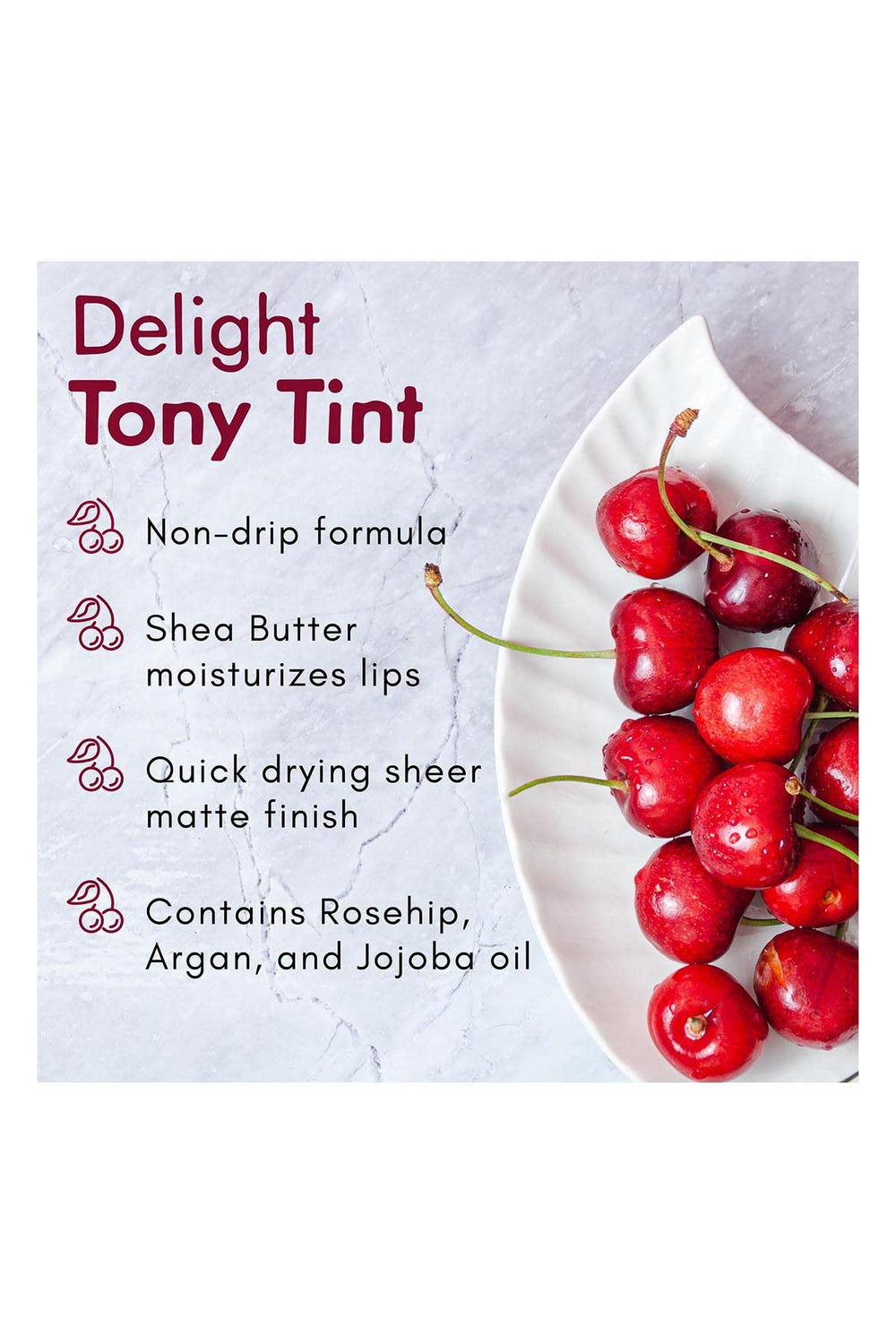TONYMOLY lifestyle flatlay with tint and botanical accents suggesting moisturizing benefits