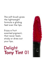 TONYMOLY tint being applied to lips, demonstrating buildable color and shine