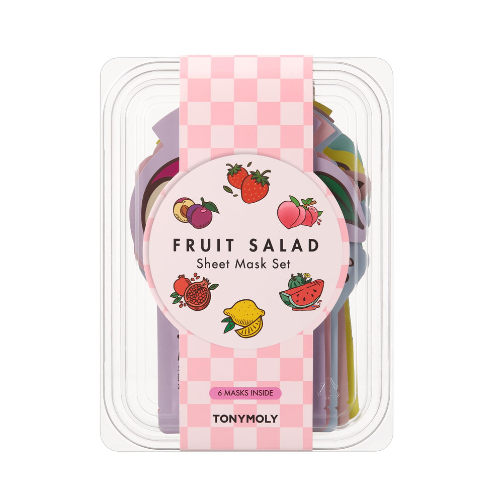 TONYMOLY front packaging of the 6-piece Fruit Salad mask set showing colorful sachets and benefits