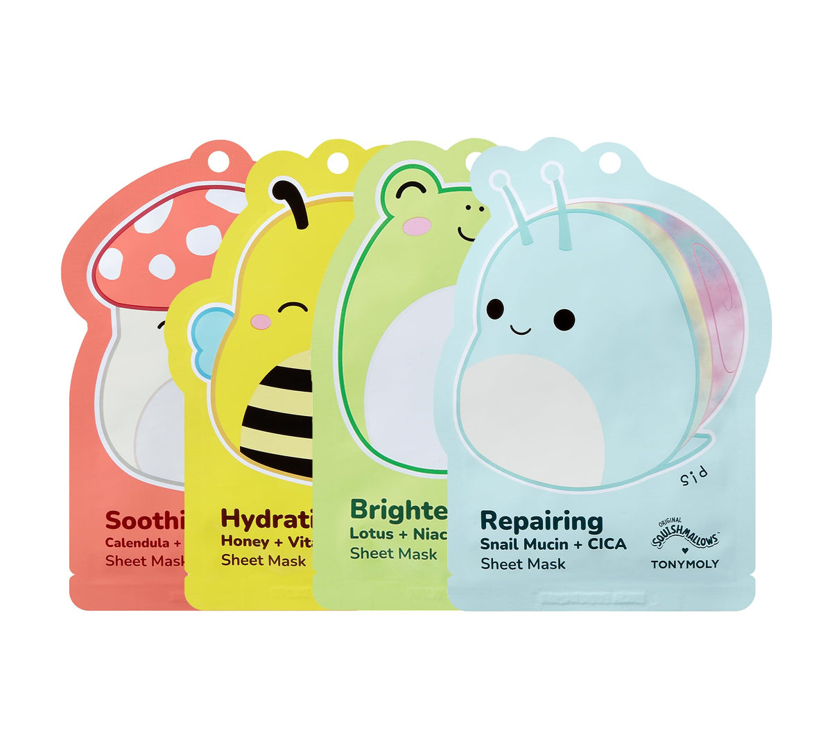 TONYMOLY front packaging showing four Squishmallows masks and playful design benefits fun gifting