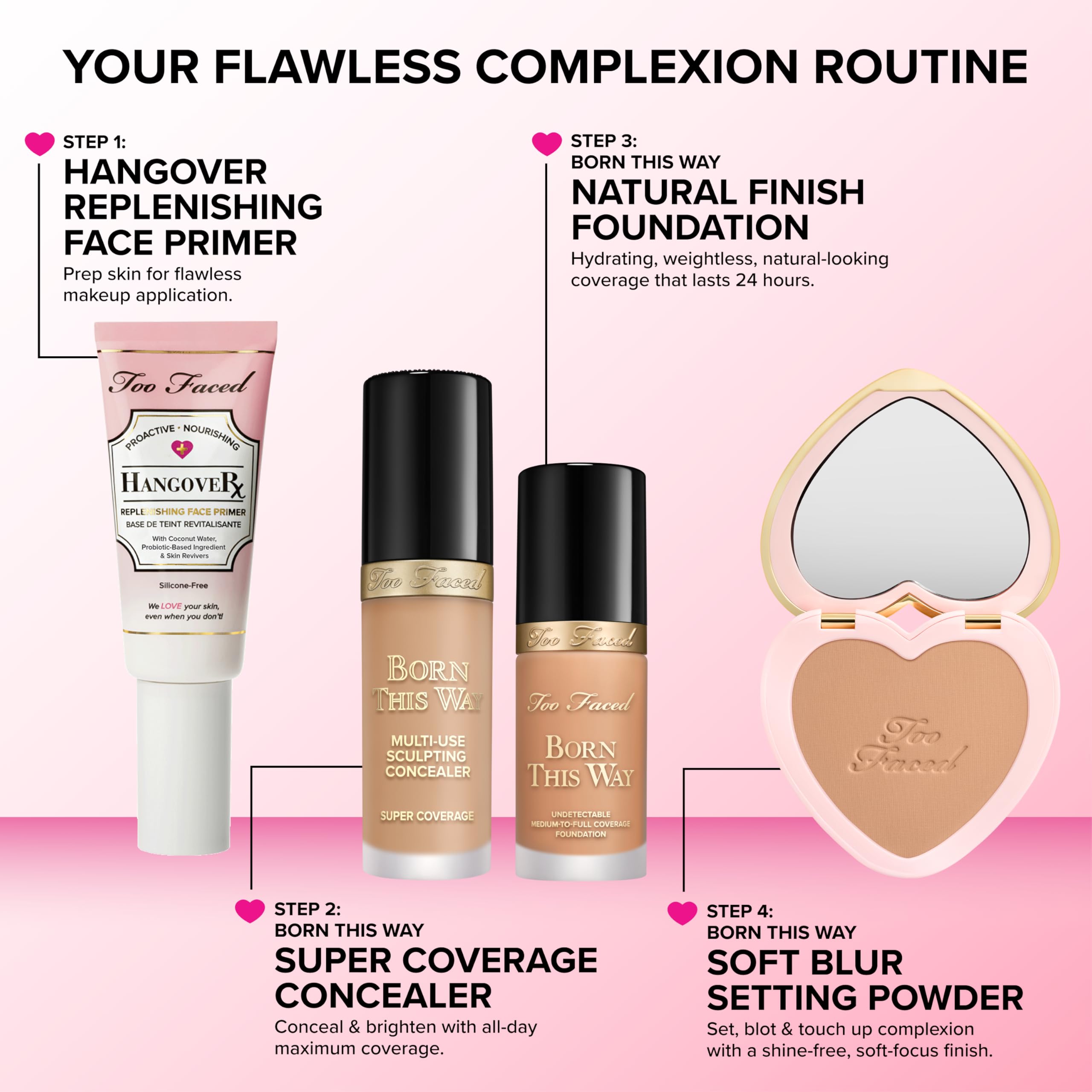 Too Faced back label and ingredients view showing vegan, cruelty-free benefit