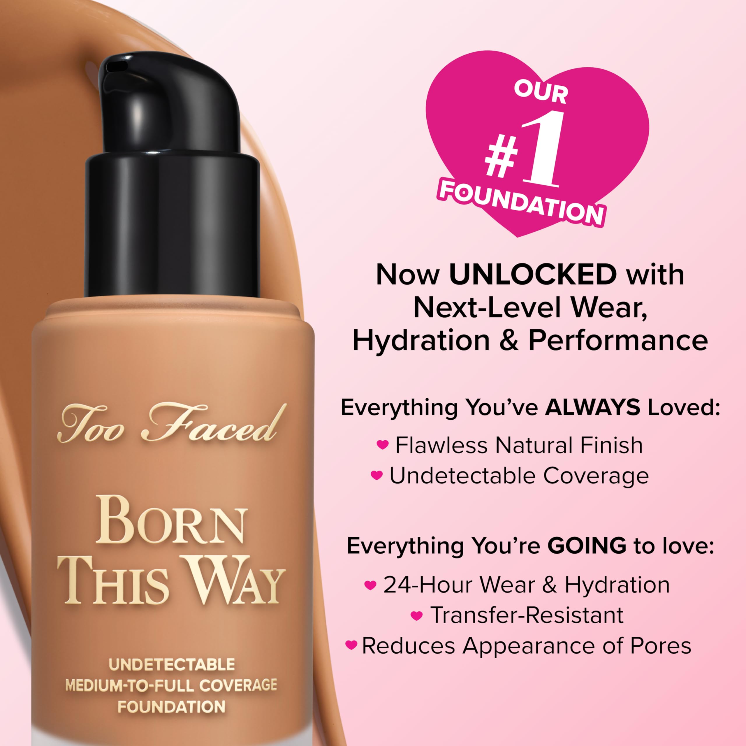 Too Faced bottle next to common items showing 1.01 fl oz scale benefit