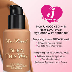 Too Faced bottle next to common items showing 1.01 fl oz scale benefit