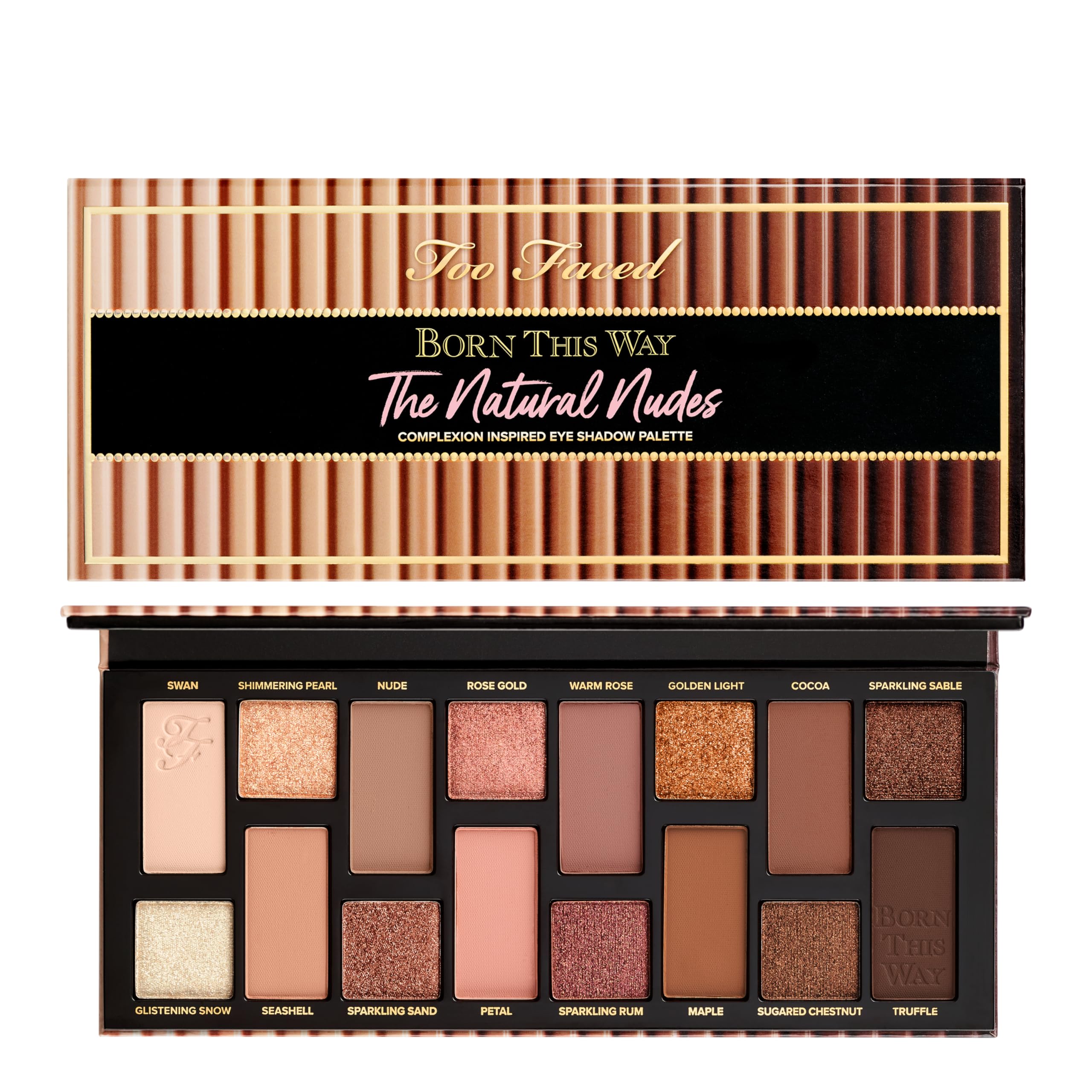 Too Faced palette front view showing 16 modern nude shades for versatile looks