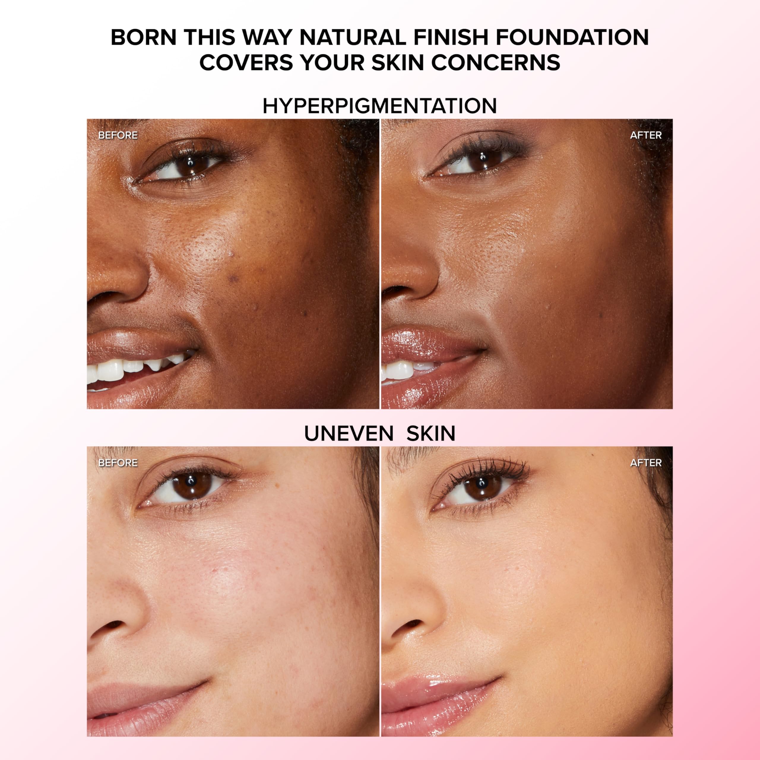 Too Faced swatches across skin tones showing shade range and matching benefit