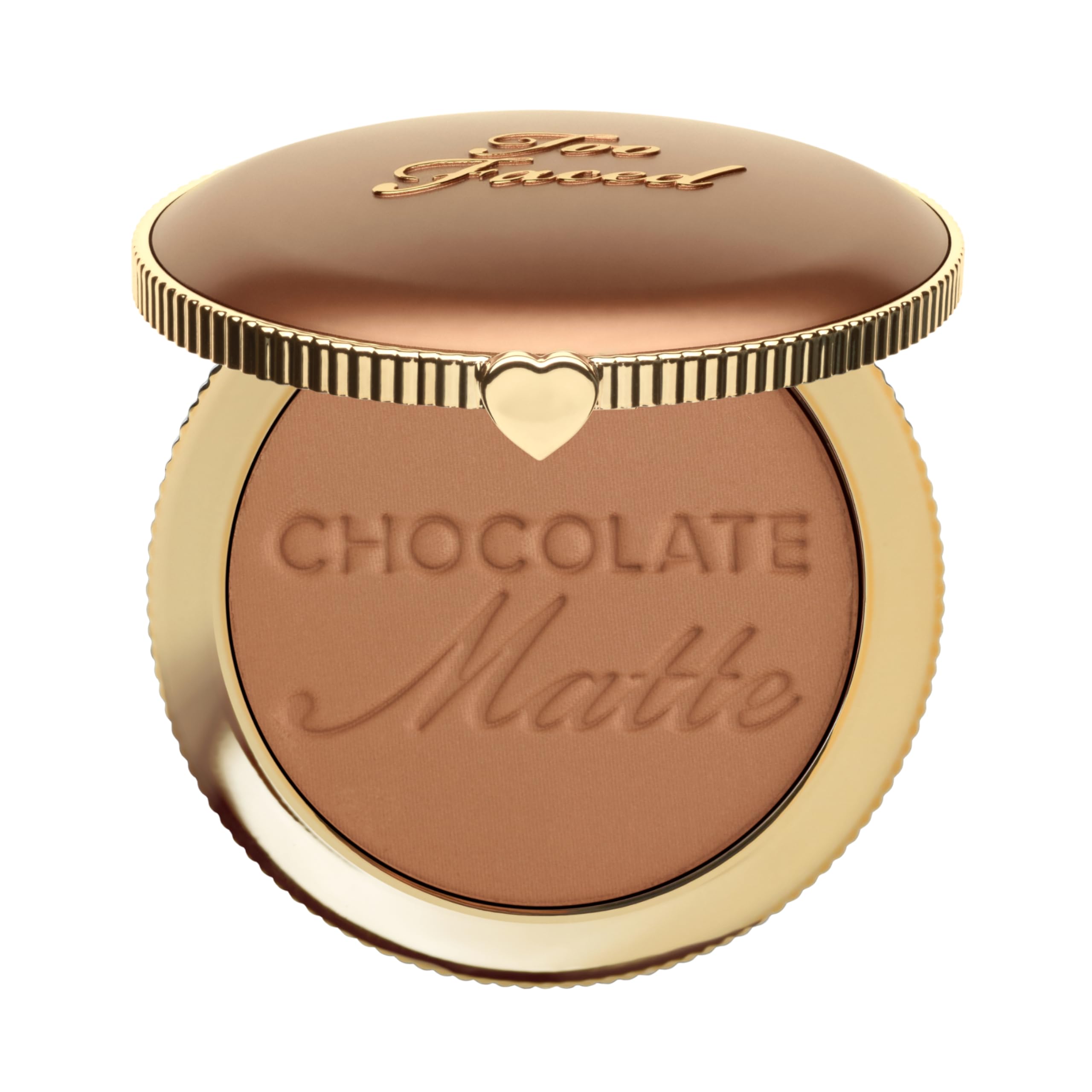 Too Faced Chocolate Soleil front compact showing sleek case and matte bronzer for natural warmth