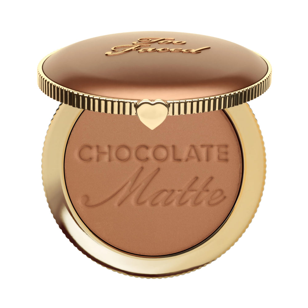 Too Faced Chocolate Soleil front compact showing sleek case and matte bronzer for natural warmth