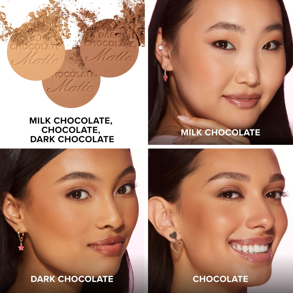 Too Faced bronzer in hand showing scale for travel-friendly size