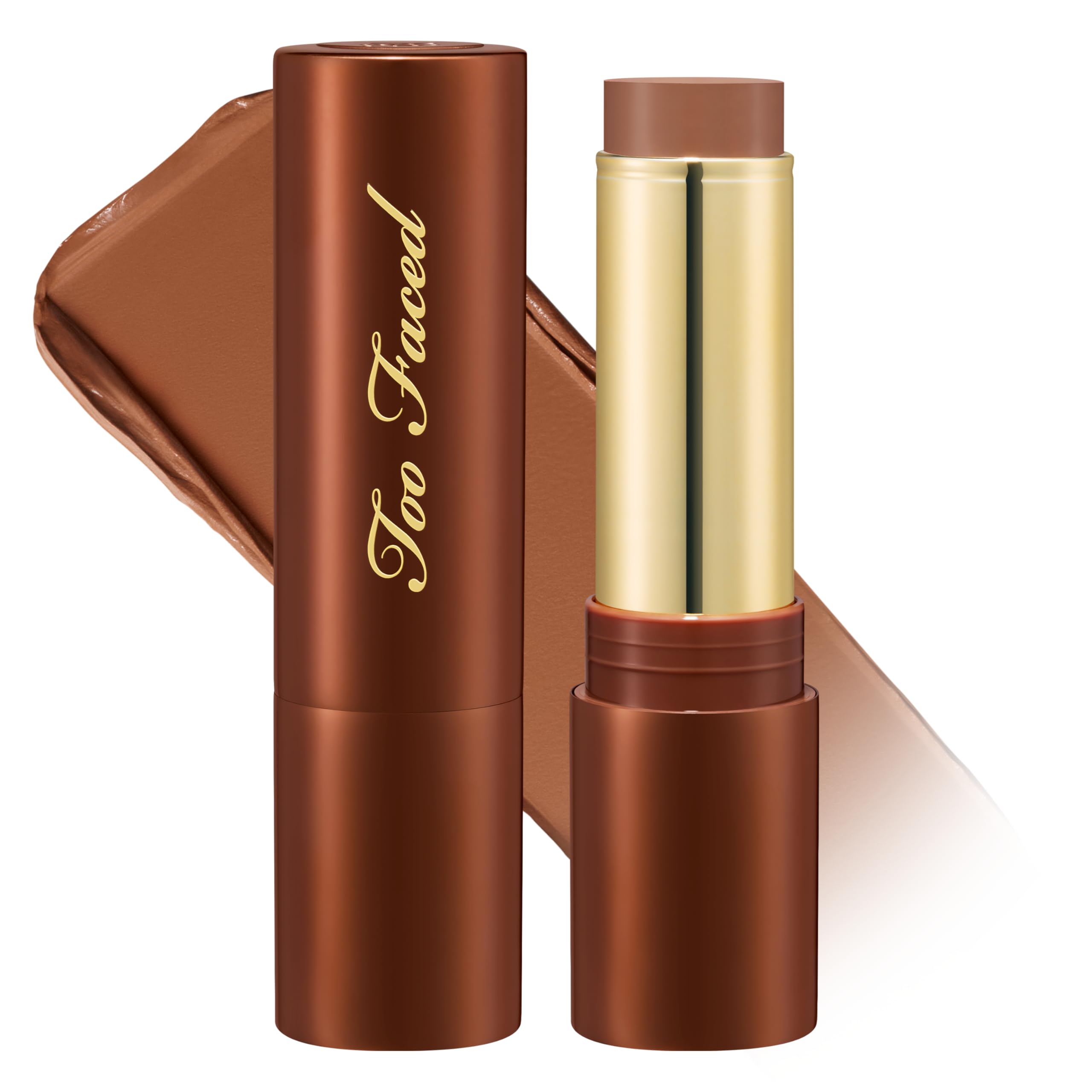 Too Faced front view of bronzing stick showing compact packaging and portability benefit