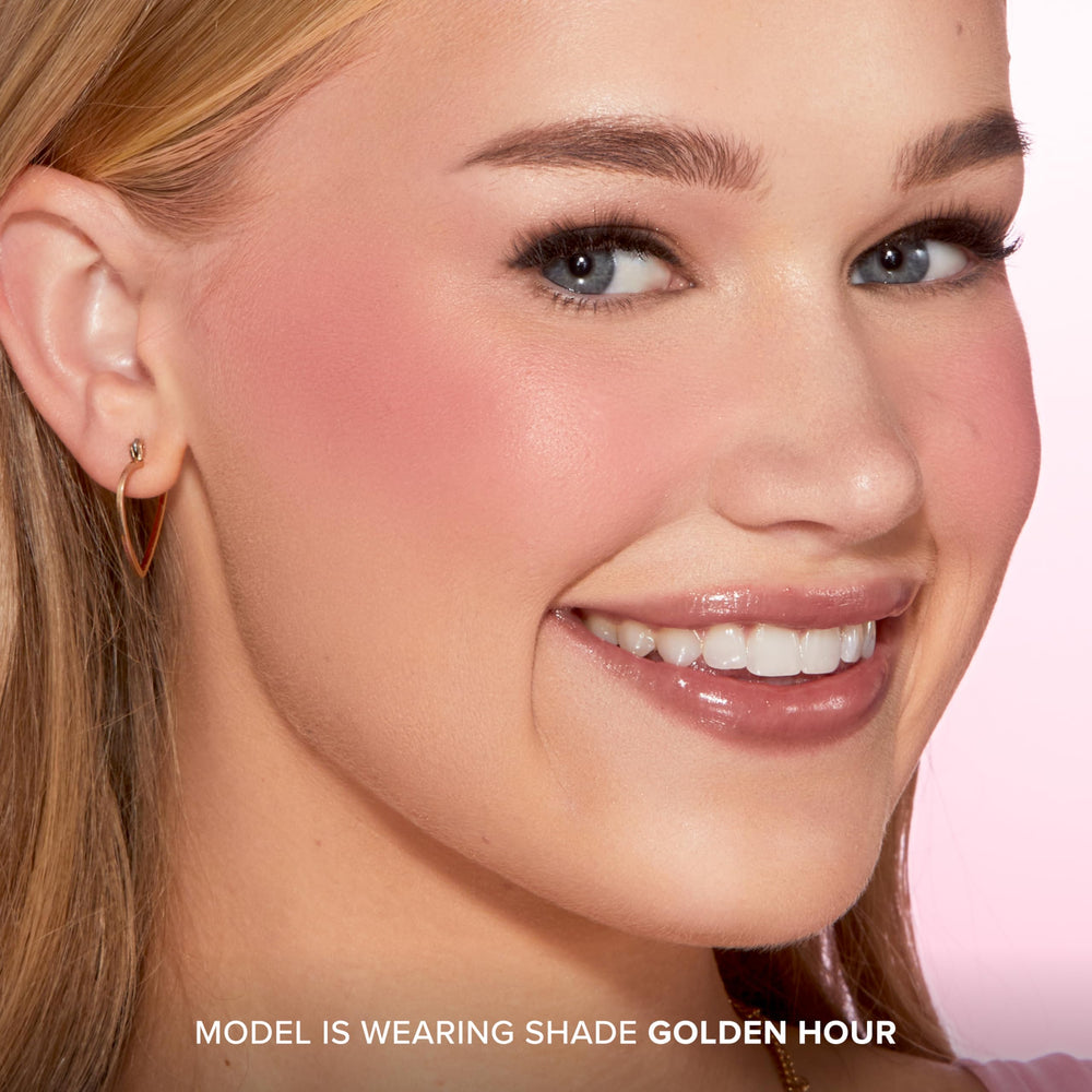 Too Faced compact open next to brush illustrating easy on-the-go application
