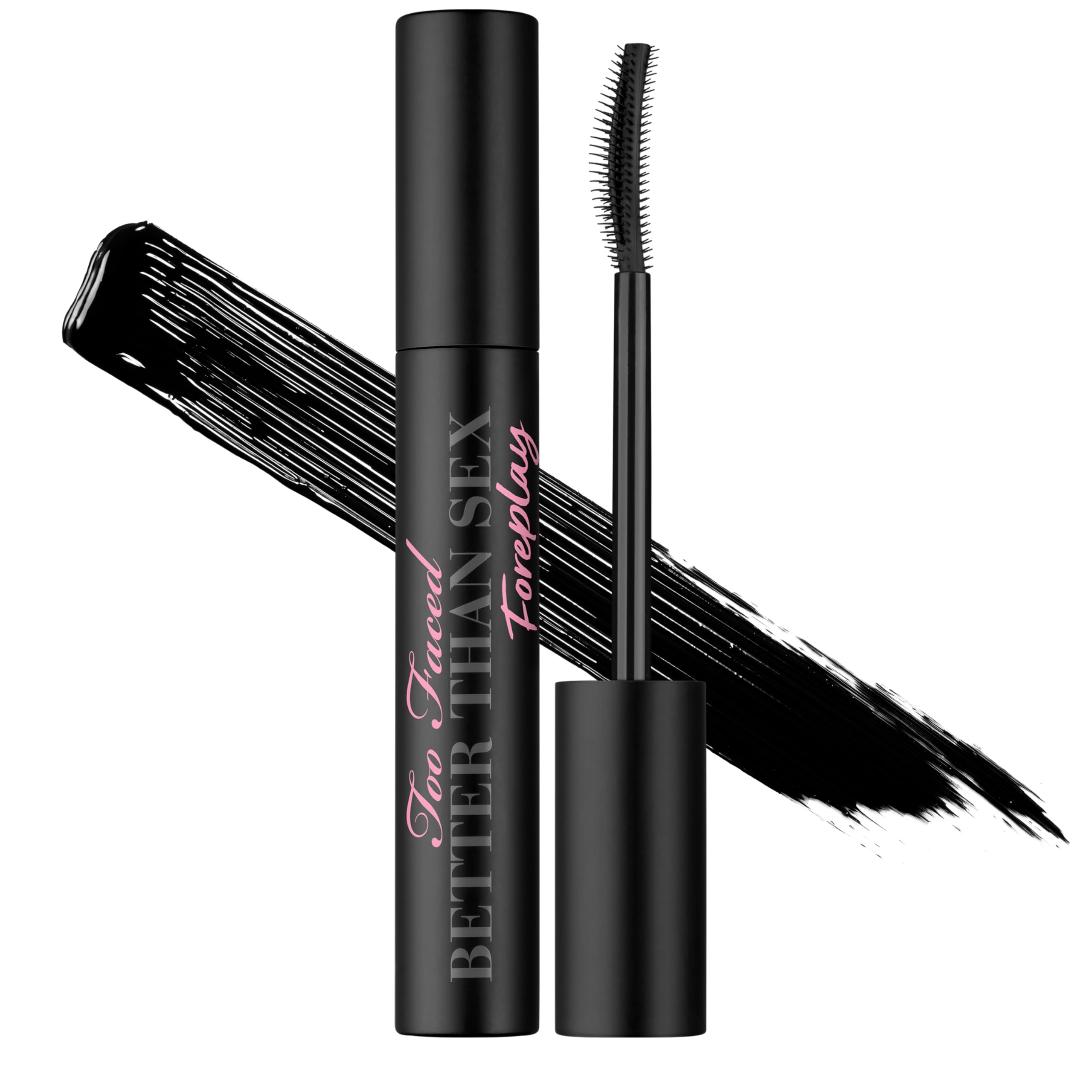 Too Faced Foreplay front packaging showing sleek tube and black primer benefit