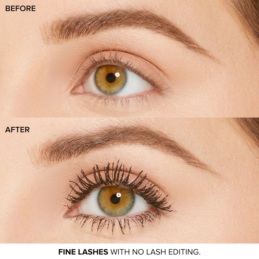 Too Faced lashes before and after stroke showing visible lift and length