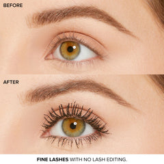 Too Faced lashes before and after stroke showing visible lift and length