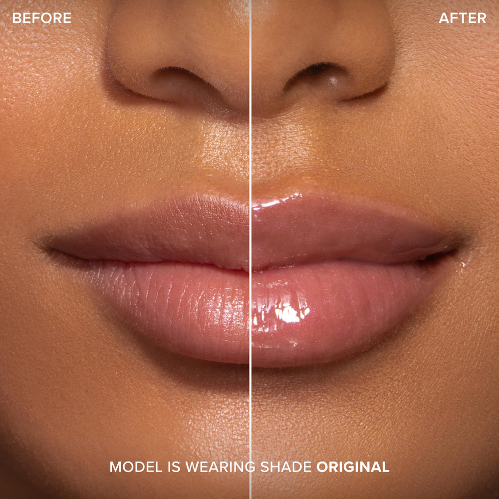 Too Faced on lips with glossy finish emphasizing immediate plumping effect