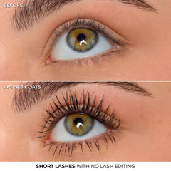 Too Faced before and after lashes showing visible extension and separation