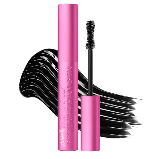 Too Faced mascara tube front view showing sleek packaging and bold black finish benefit