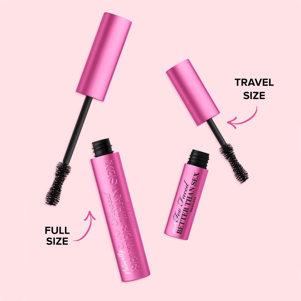 Too Faced scale comparison in hand showing compact travel-friendly size