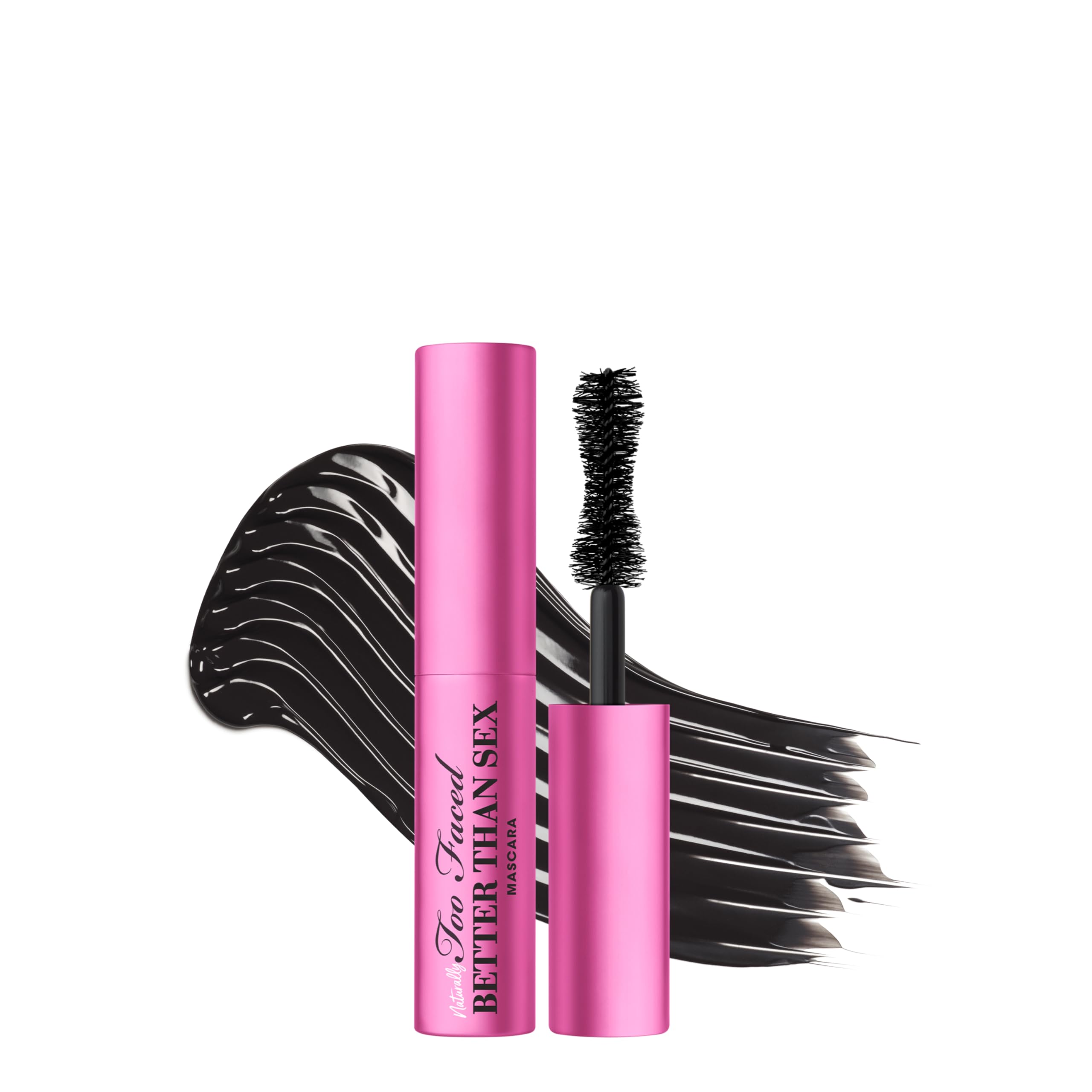 Too Faced travel tube front view showing compact design and bold black color