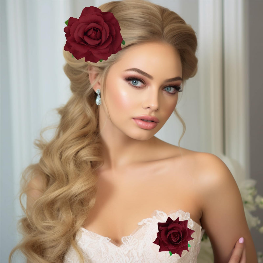 Topbuti floral hairpins styled on bridesmaid in wedding setting for romantic accents