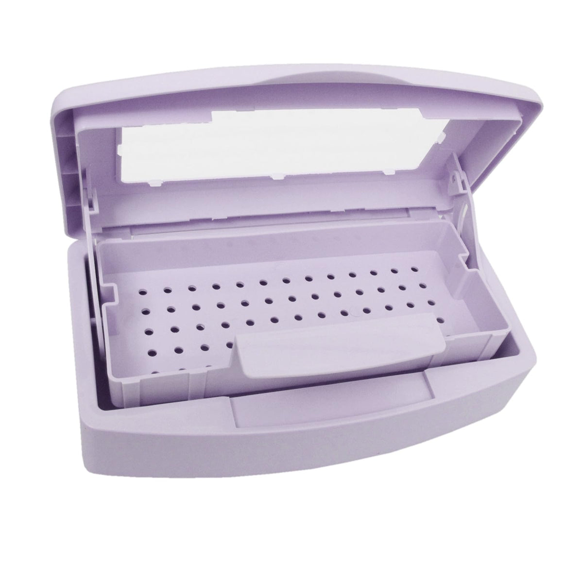 TOPCOMWW sterilizer box front view with clear lid showing submerged tools and neat storage benefit