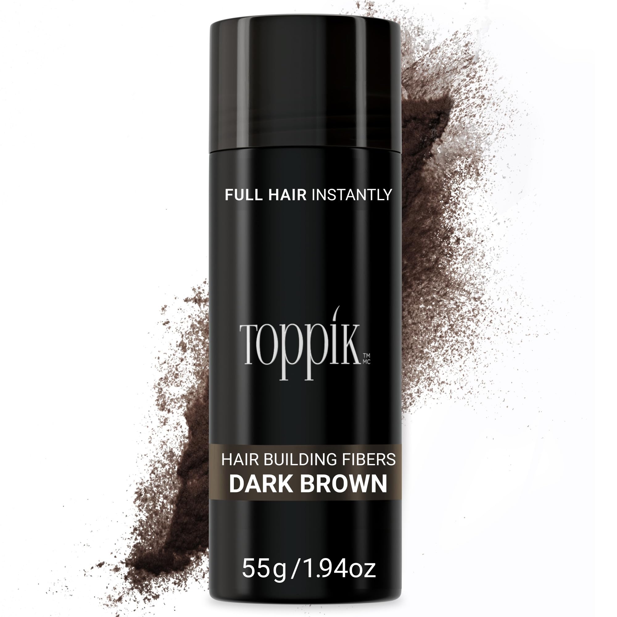 Toppik dark brown 55g bottle front view showing product packaging and label benefit
