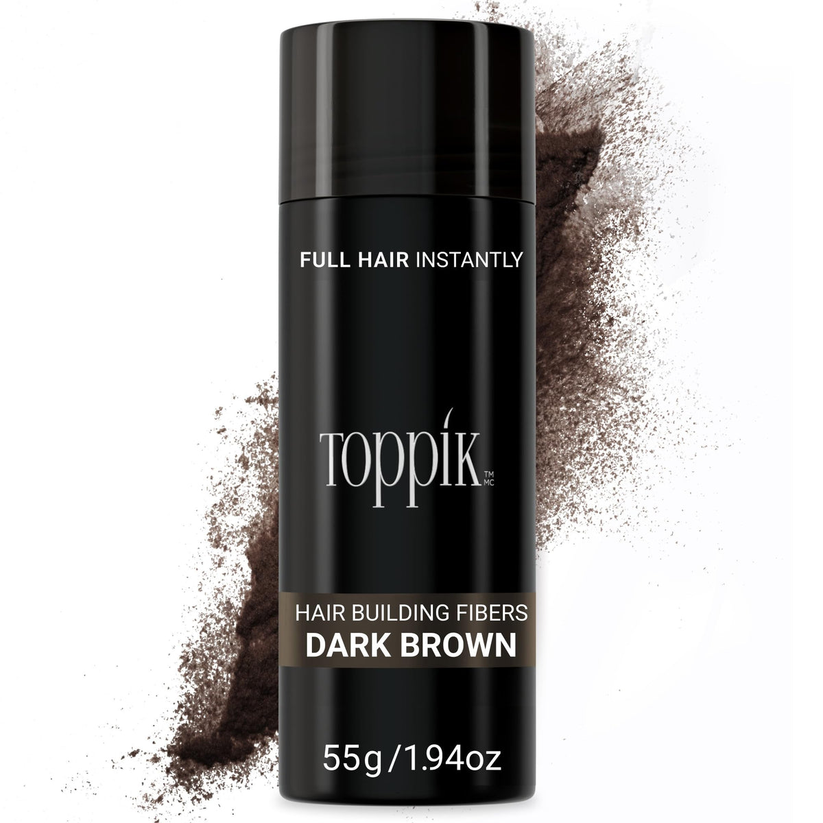 Toppik dark brown 55g bottle front view showing product packaging and label benefit