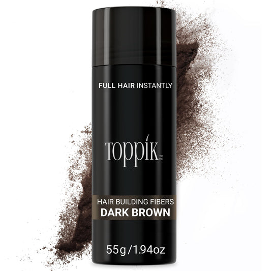 Toppik dark brown 55g bottle front view showing product packaging and label benefit