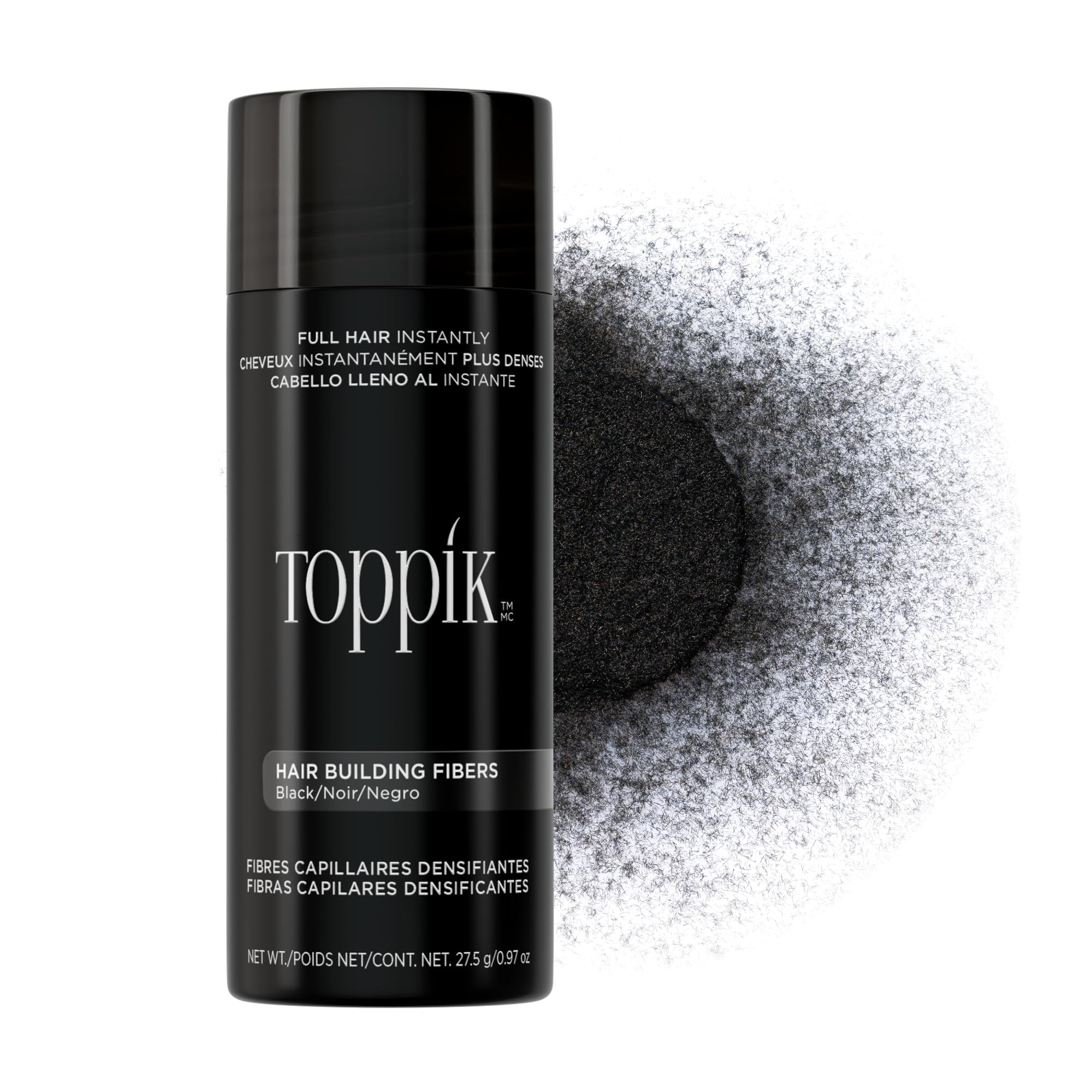 Toppik front packaging in black showing product jar and label for easy identification and use