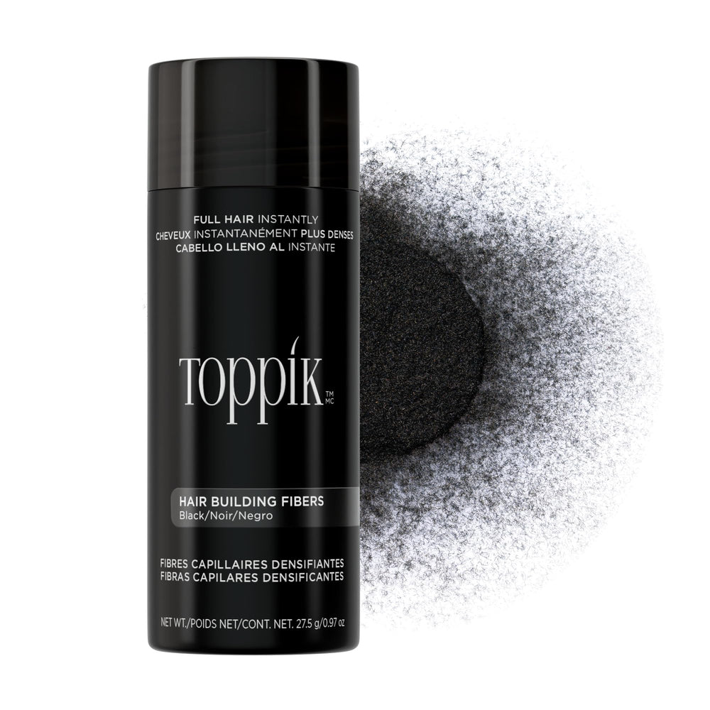Toppik front packaging in black showing product jar and label for easy identification and use