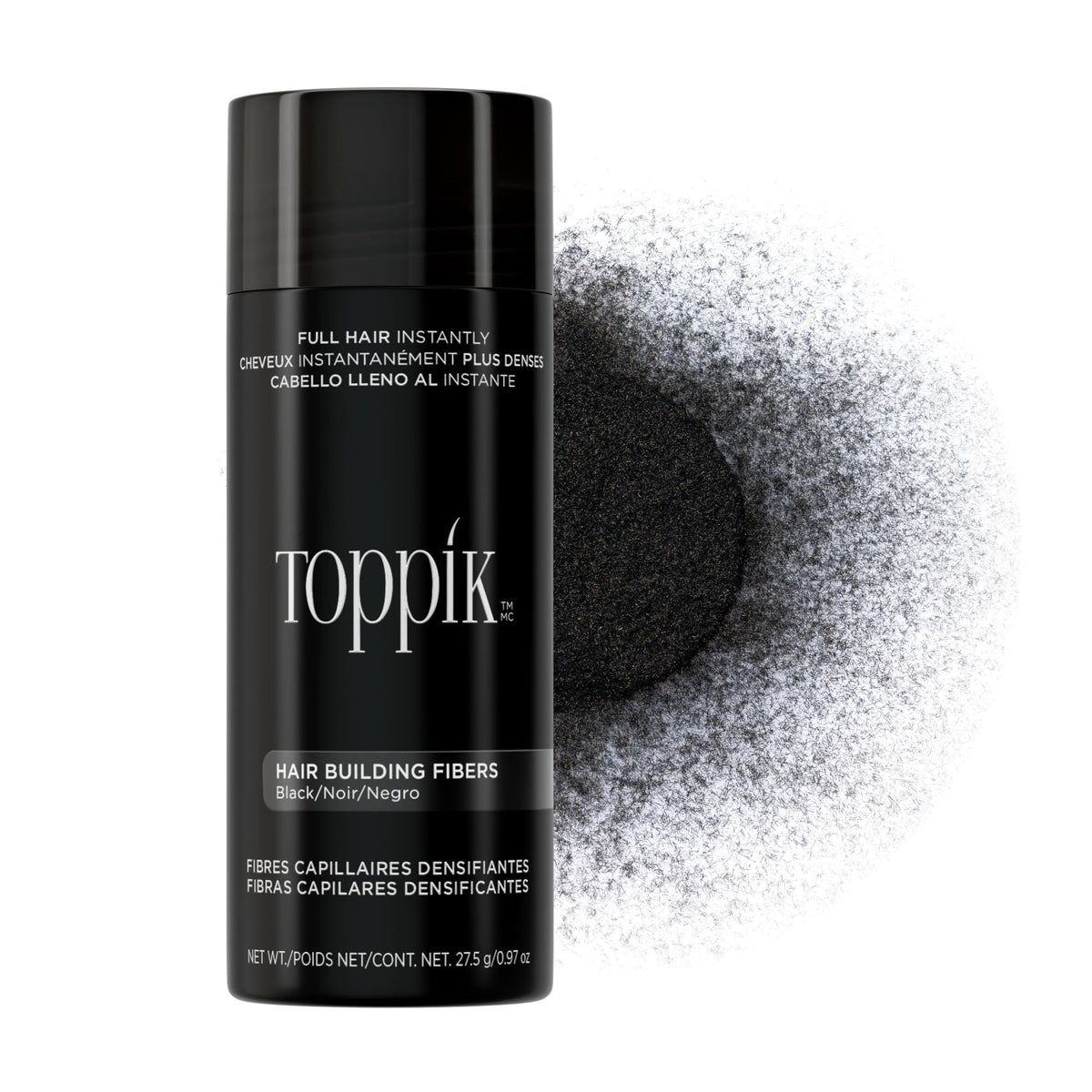 Toppik front packaging in black showing product jar and label for easy identification and use