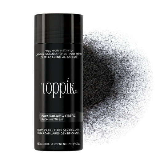 Toppik front packaging in black showing product jar and label for easy identification and use