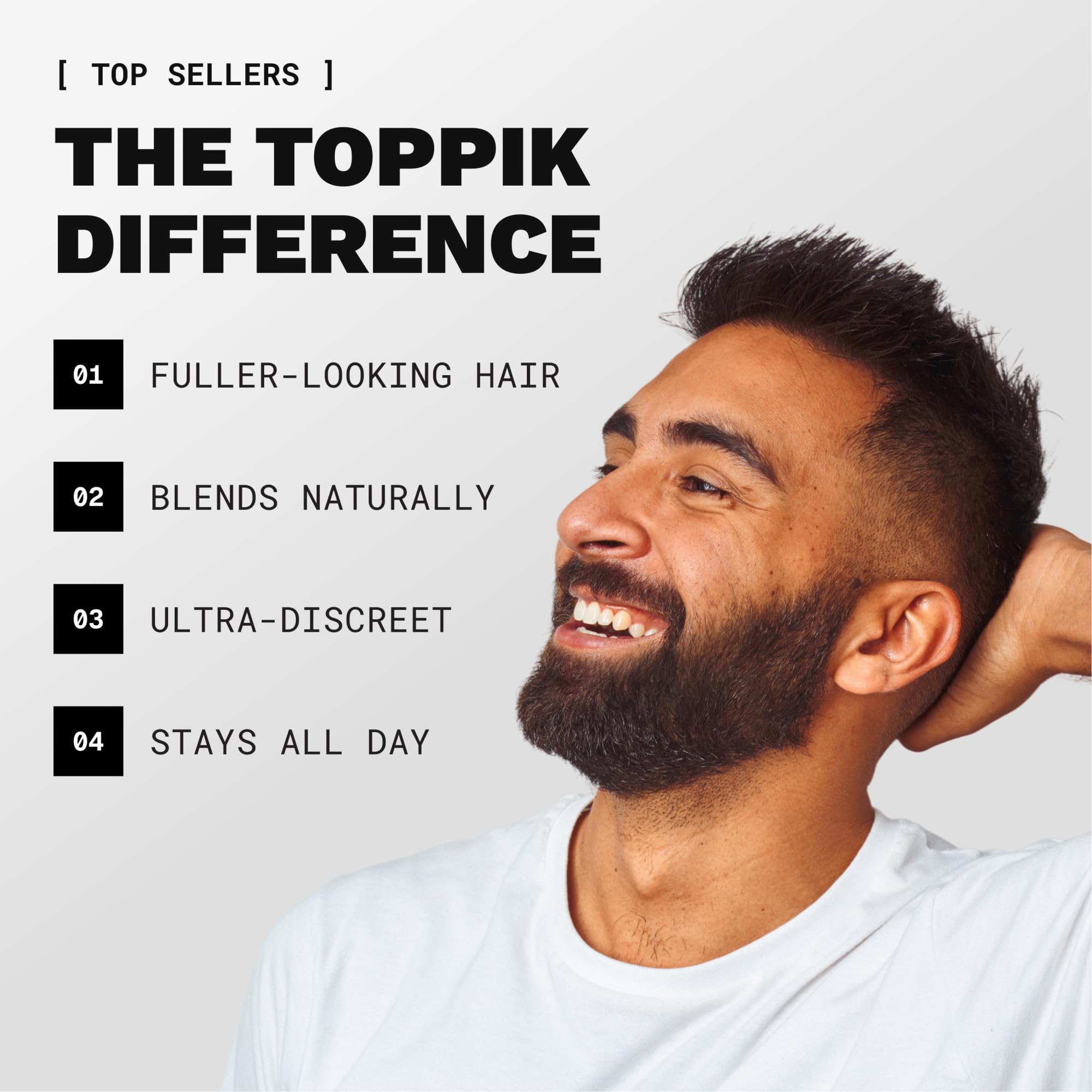 Applying Toppik medium brown fibers with fingers demonstrating easy use