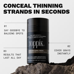 Toppik medium brown open bottle with visible keratin fibers for quick coverage