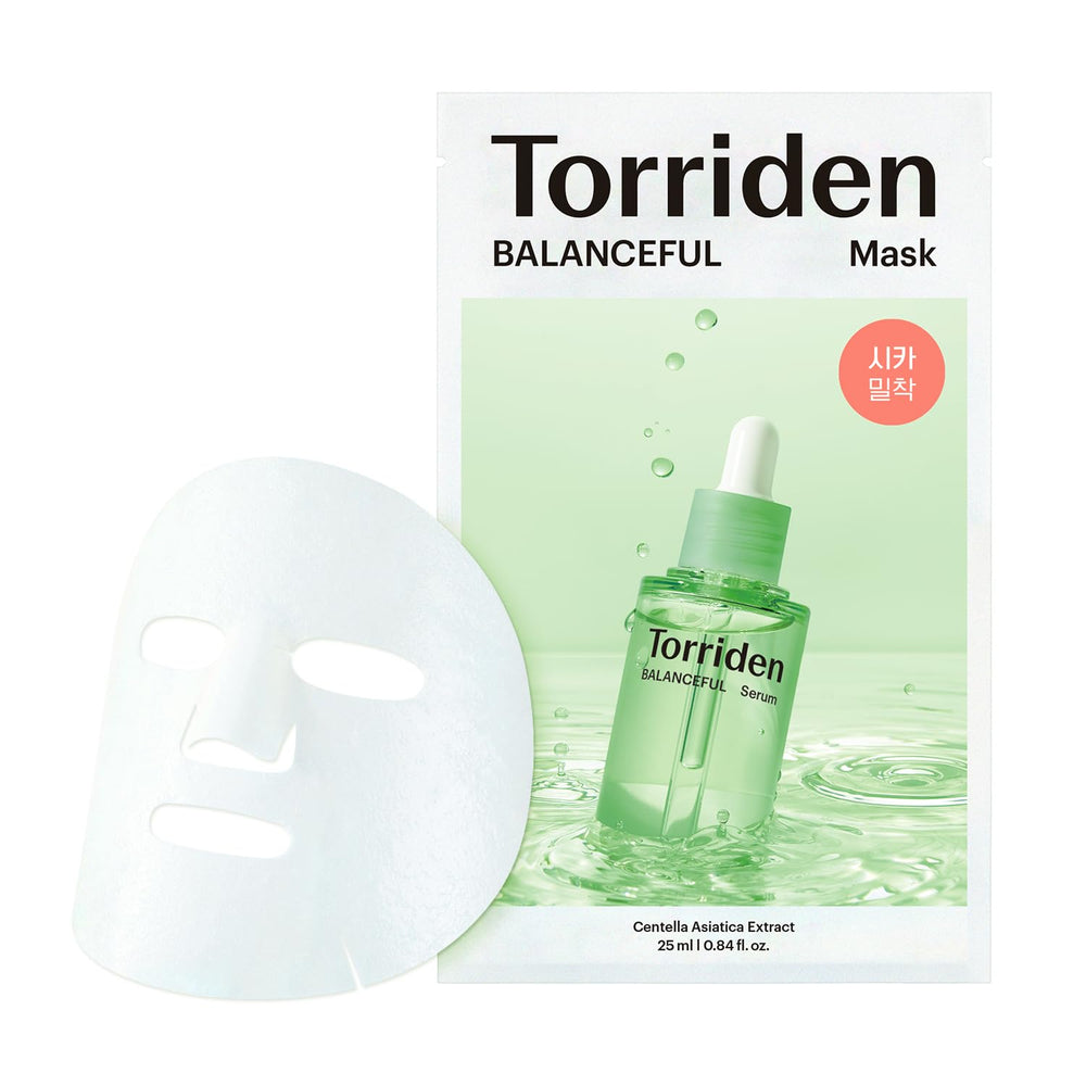 Torriden front packaging showing 10-sheet pack and calming branding benefits