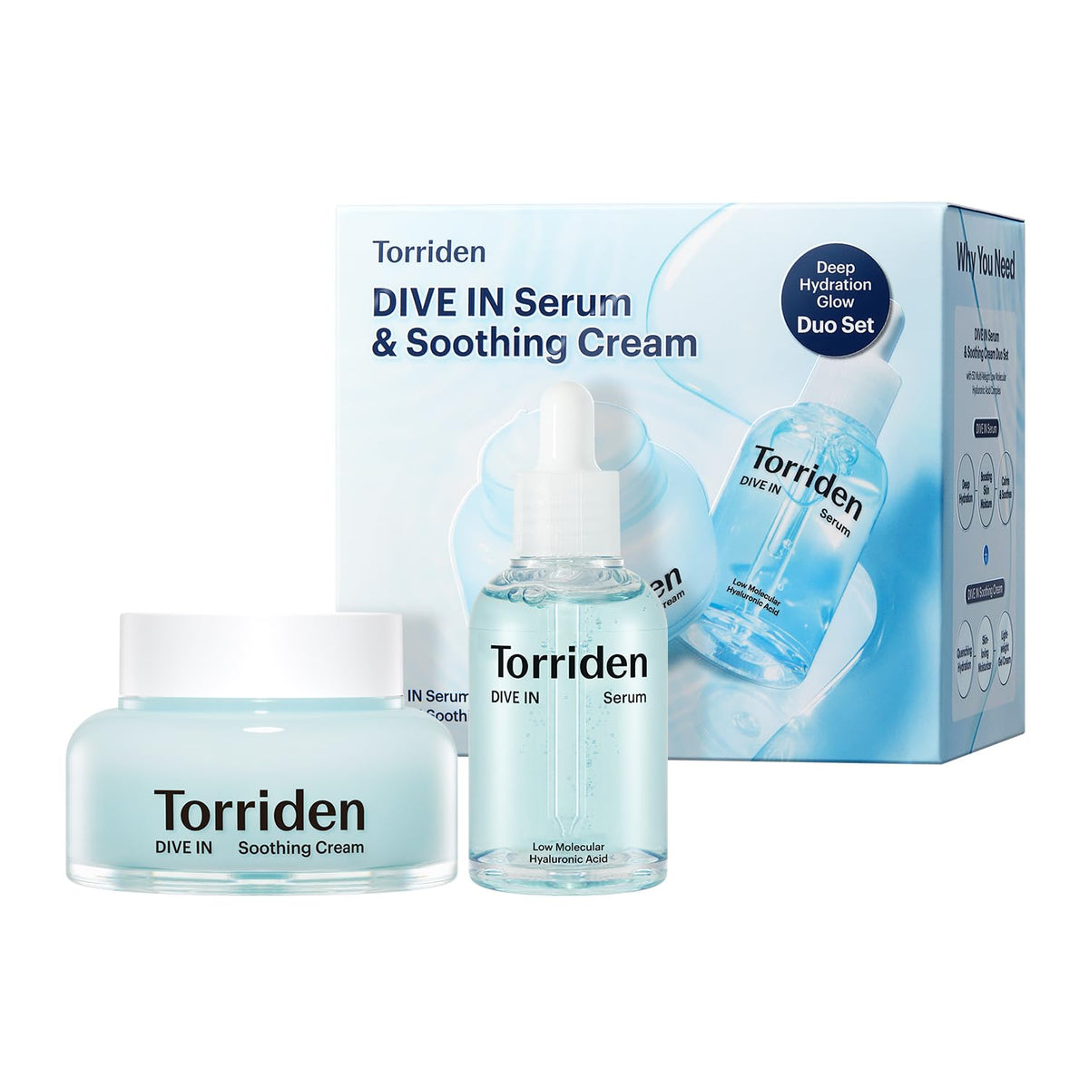 Torriden DIVE IN serum front bottle shows sleek hydrating packaging and clear benefits