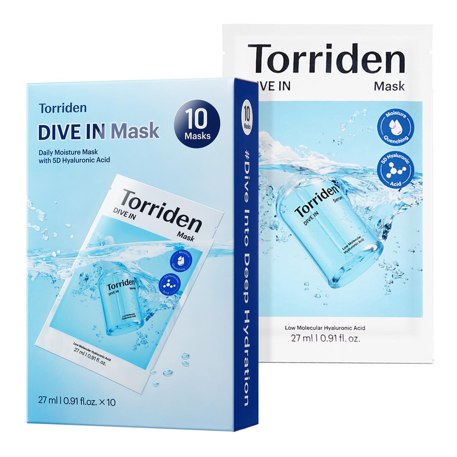 Torriden front packaging showing 10-sheet mask set and branding benefits